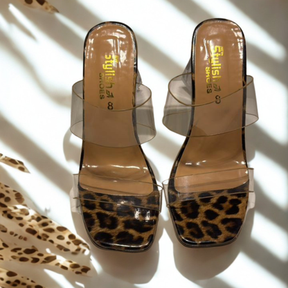Women's Leopard Print Transparent Strap Block Heel Sandals – Stylish Open Toe Slip-On Mules
