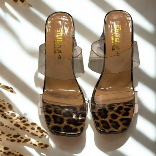 Women's Leopard Print Transparent Strap Block Heel Sandals – Stylish Open Toe Slip-On Mules