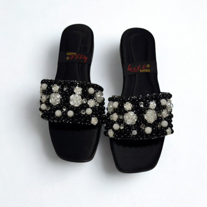 Black Pearl Embellished Slip-On Sandals – Elegant Beaded Flat Mules for Women