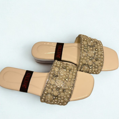 Black Pearl Embellished Slip-On Sandals – Elegant Beaded Flat Mules for Women