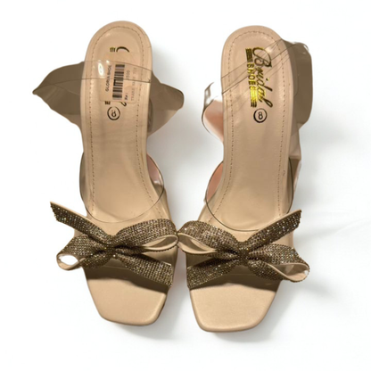 Elegant Gold Bridal High Heel Sandals with Sparkling Bow Accent – Perfect Wedding & Party Footwear