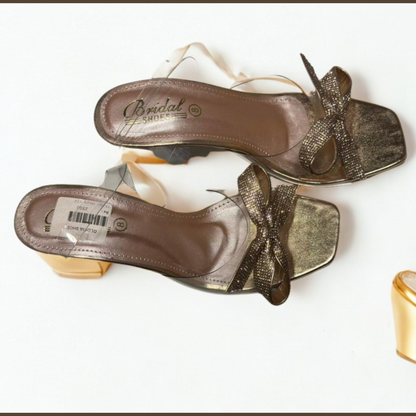 Elegant Gold Bridal High Heel Sandals with Sparkling Bow Accent – Perfect Wedding & Party Footwear