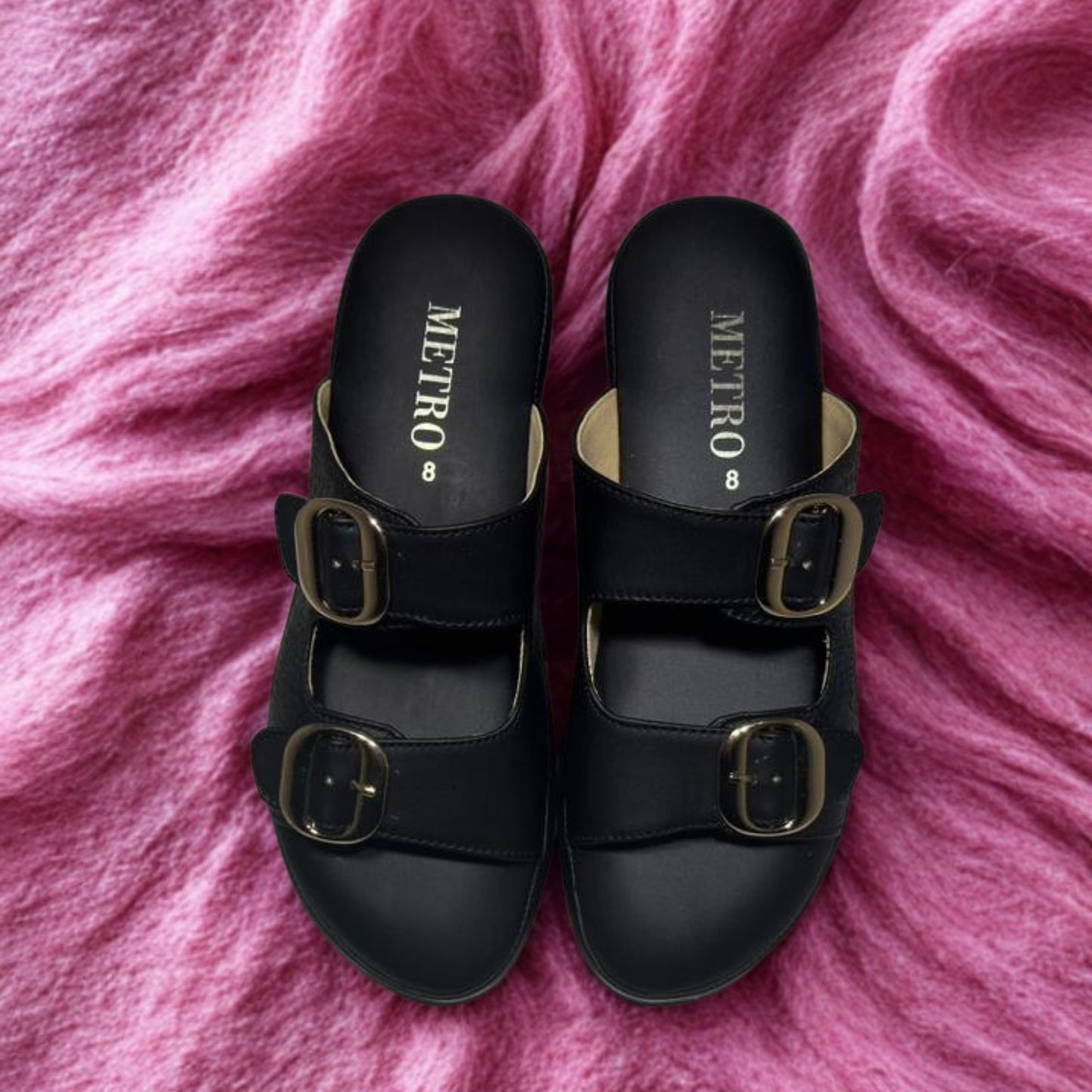 Stylish Tan Slip-On Sandals with Gold Buckles – Comfortable Summer Footwear for Women