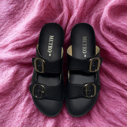 Stylish Tan Slip-On Sandals with Gold Buckles – Comfortable Summer Footwear for Women