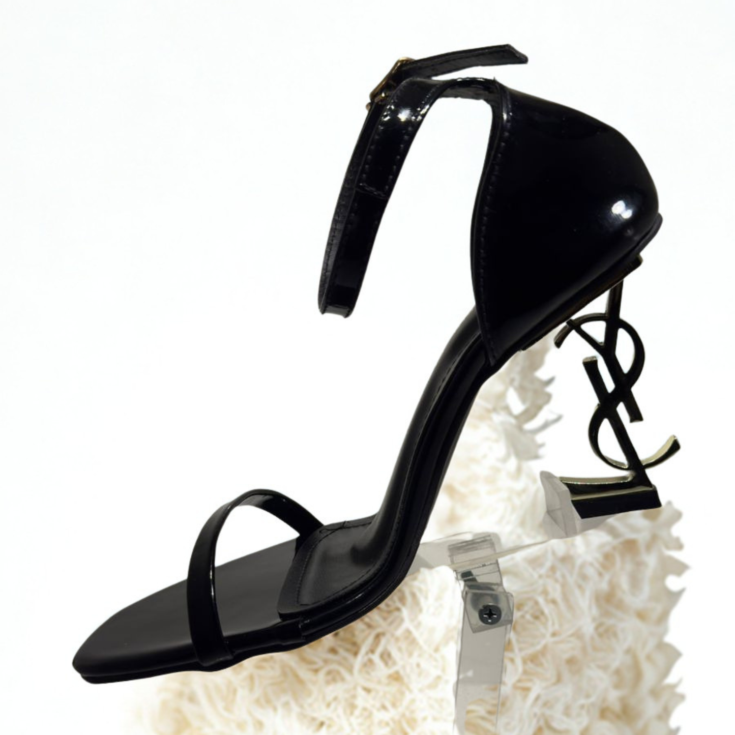 YSL Opyum Black Patent Leather Logo Heel Sandals for Women – Saint Laurent Designer High Heels