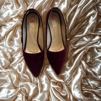 Elegant Burgundy Suede High Heels with Gold Rhinestone Embellishment – Women’s Pointed Toe Pumps