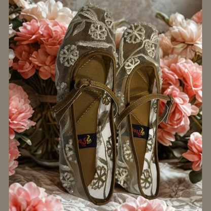 Elegant Beige Embroidered Mary Jane Flats for Women – Comfortable Ethnic & Casual Footwear