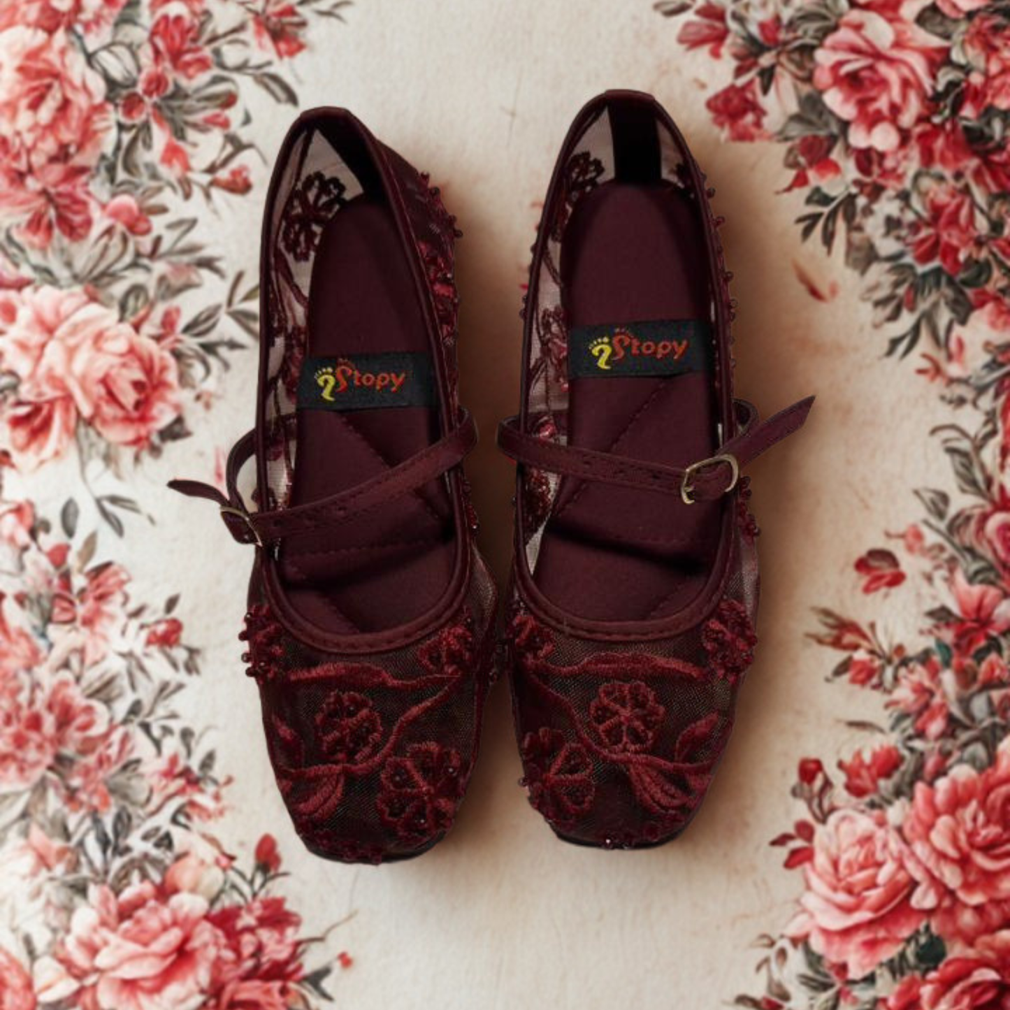 Elegant Beige Embroidered Mary Jane Flats for Women – Comfortable Ethnic & Casual Footwear