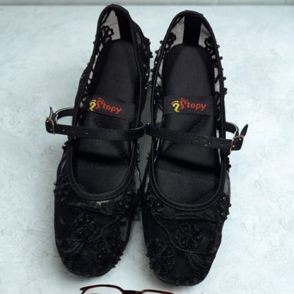 Elegant Beige Embroidered Mary Jane Flats for Women – Comfortable Ethnic & Casual Footwear