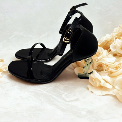 YSL Opyum Black Patent Leather Logo Heel Sandals for Women – Saint Laurent Designer High Heels
