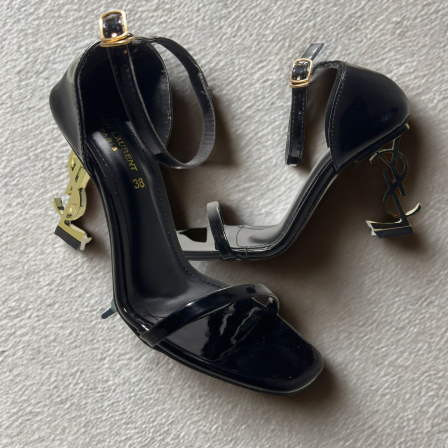 YSL Opyum Black Patent Leather Logo Heel Sandals for Women – Saint Laurent Designer High Heels