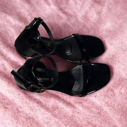 YSL Opyum Black Patent Leather Logo Heel Sandals for Women – Saint Laurent Designer High Heels