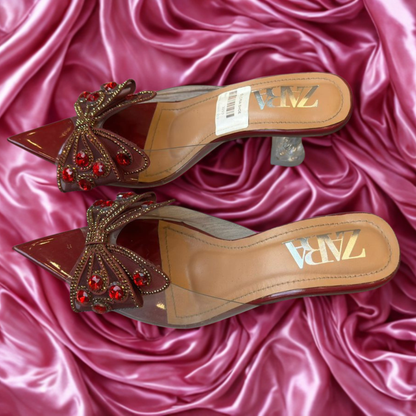 ZARA Burgundy Pointed-Toe Heels with Embellished Bow – Elegant Women’s Slip-On Mules