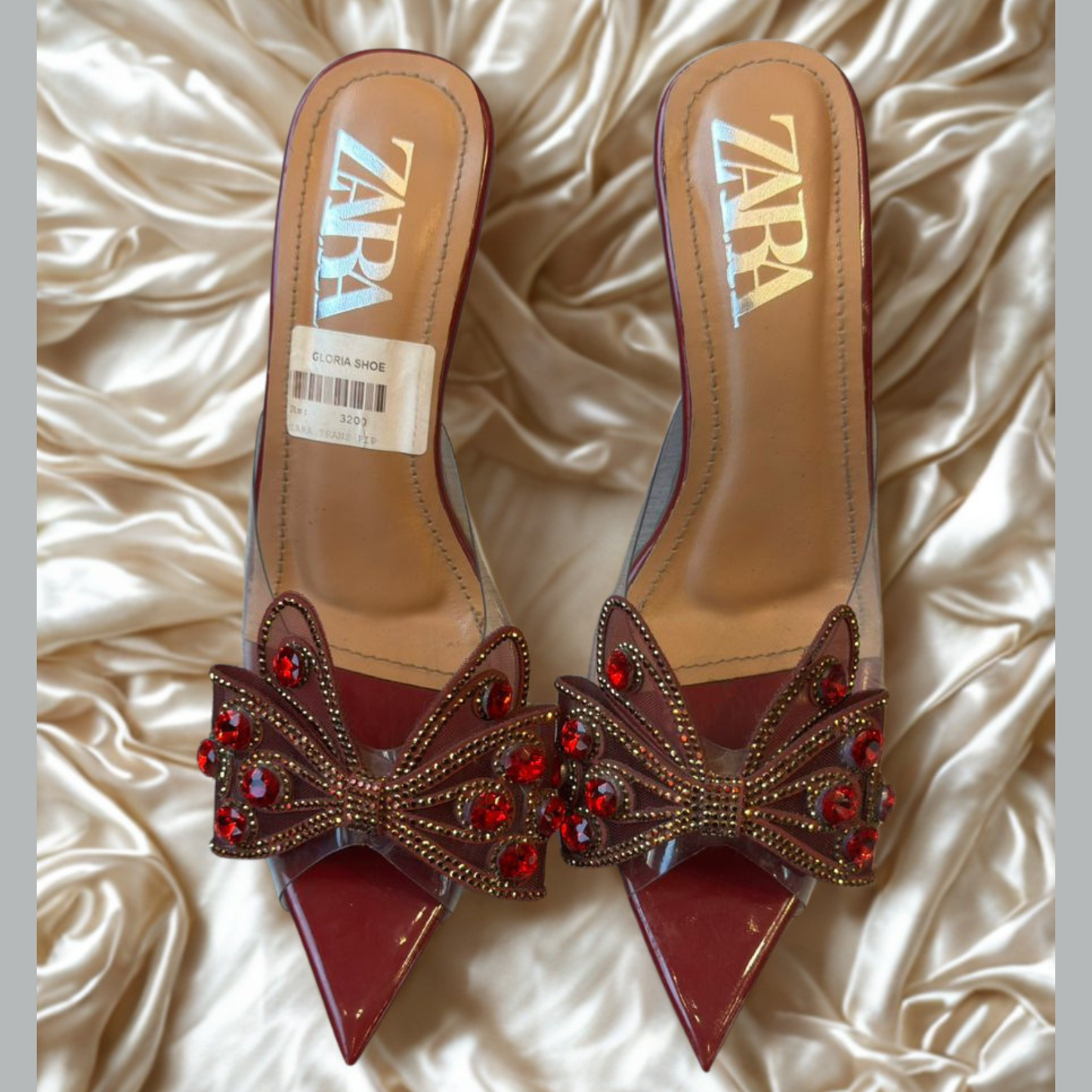 ZARA Burgundy Pointed-Toe Heels with Embellished Bow – Elegant Women’s Slip-On Mules