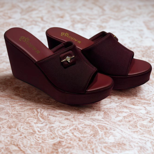 Women's Burgundy Wedge Sandals with Bow – Stylish Open-Toe Platform Heels for Casual & Party Wear