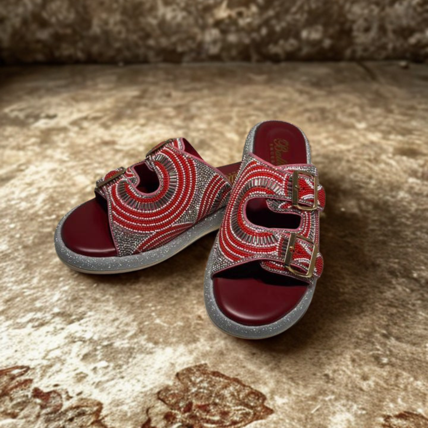 Stylish Red Beaded Slip-On Sandals for Women – Comfortable Casual Footwear with Decorative Pattern