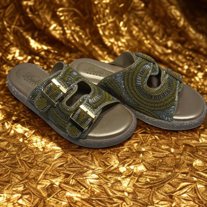 Stylish Red Beaded Slip-On Sandals for Women – Comfortable Casual Footwear with Decorative Pattern