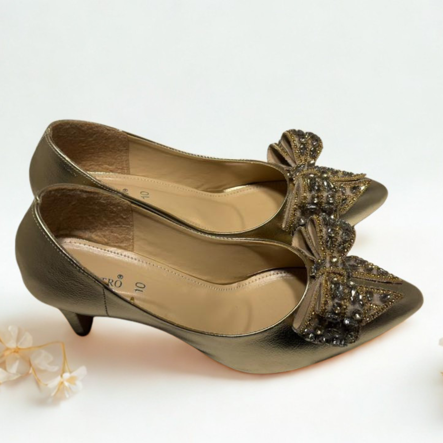 Elegant Gold Kitten Heel Pumps with Beaded Bow – Women’s Party & Wedding Shoes