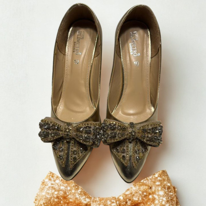 Elegant Gold Kitten Heel Pumps with Beaded Bow – Women’s Party & Wedding Shoes