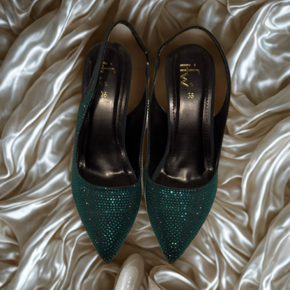 Elegant Green Glitter Kitten Heels with Gold Trim – Sparkly Slingback Party Shoes for Women