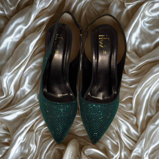 Elegant Green Glitter Kitten Heels with Gold Trim – Sparkly Slingback Party Shoes for Women