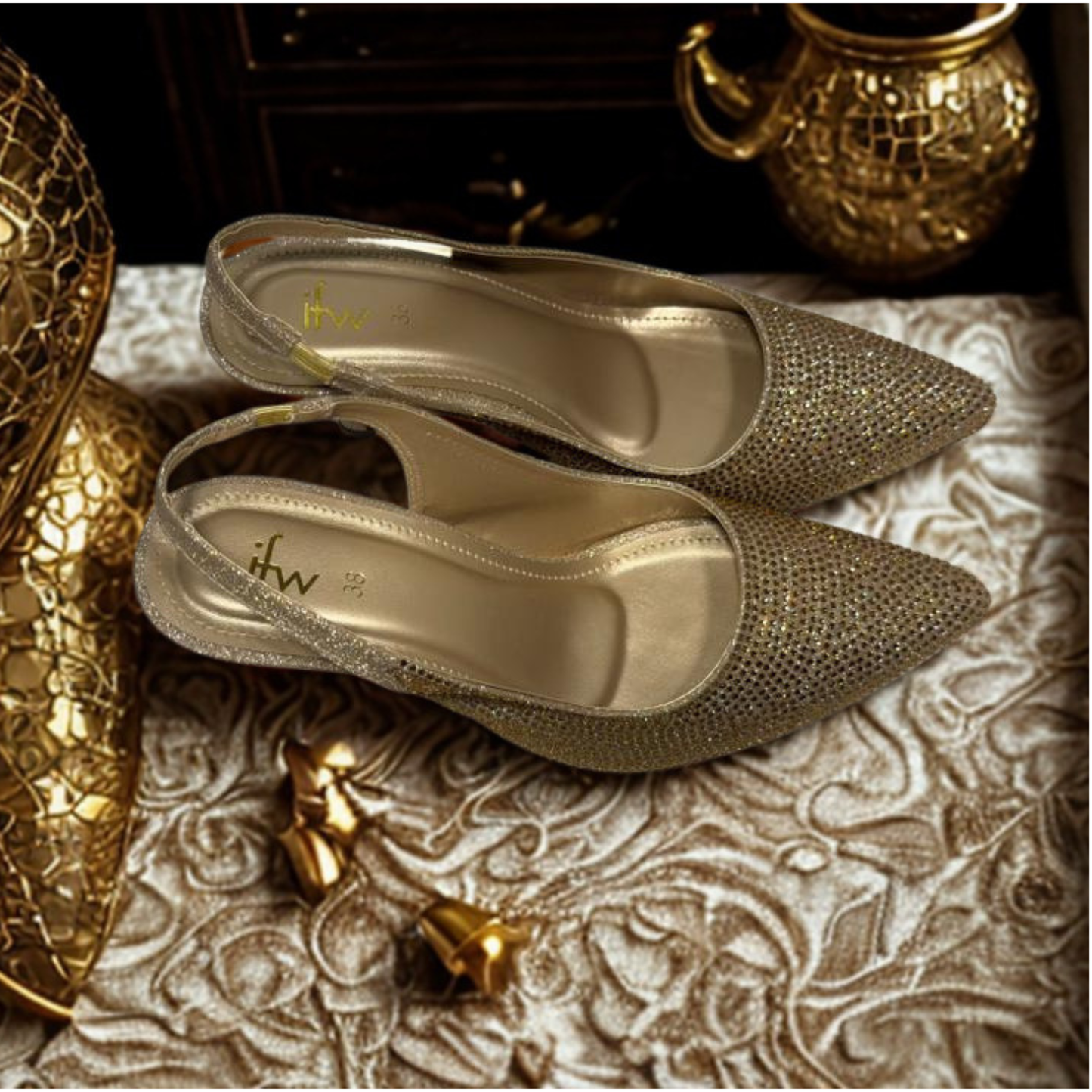 Elegant Green Glitter Kitten Heels with Gold Trim – Sparkly Slingback Party Shoes for Women