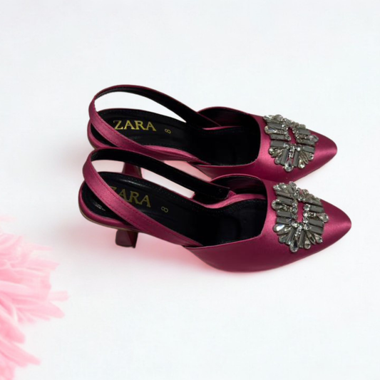 Zara Satin Slingback Heels with Crystal Embellishment – Elegant Magenta Party Shoes for Women