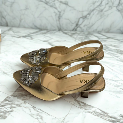 Zara Satin Slingback Heels with Crystal Embellishment – Elegant Magenta Party Shoes for Women