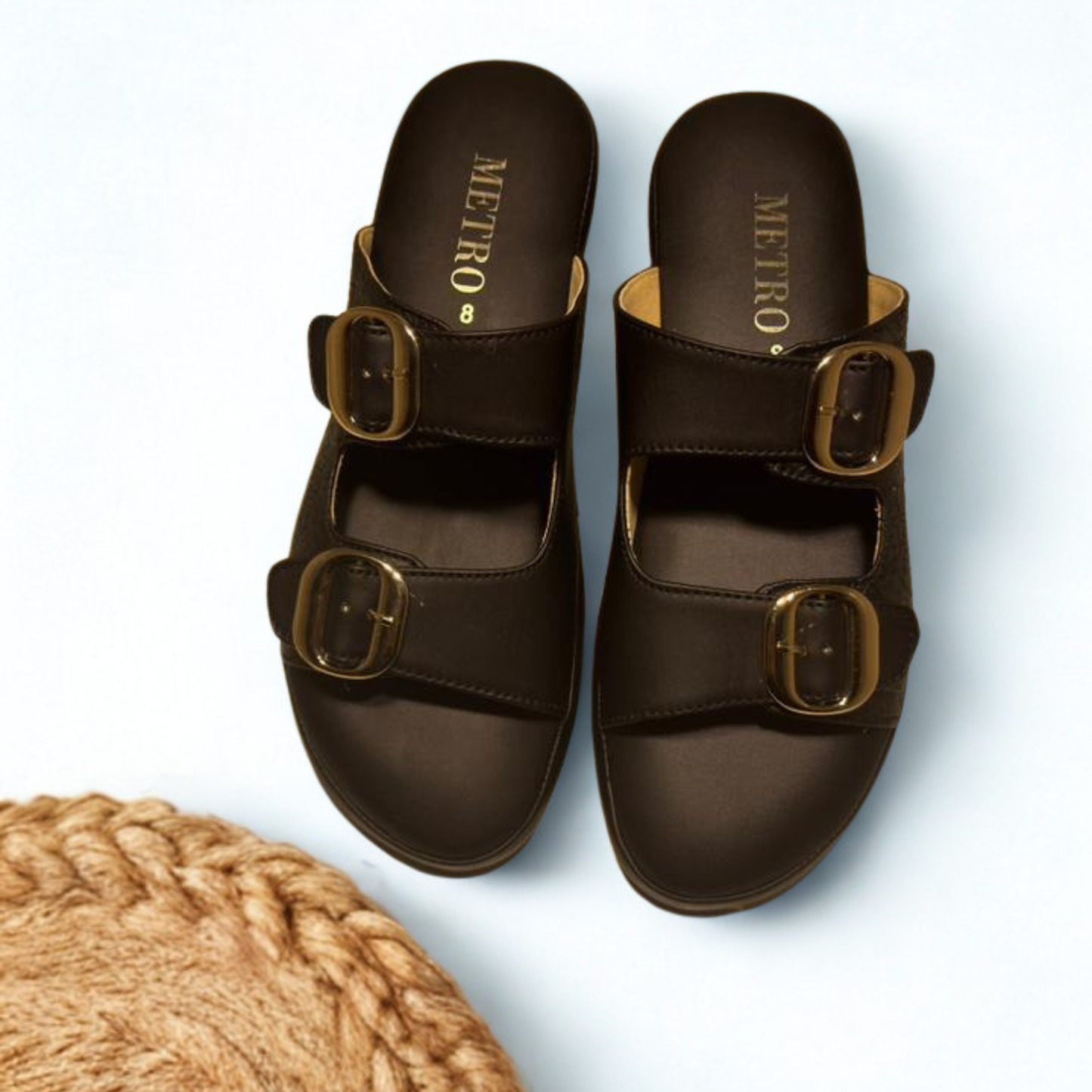 Stylish Tan Slip-On Sandals with Gold Buckles – Comfortable Summer Footwear for Women