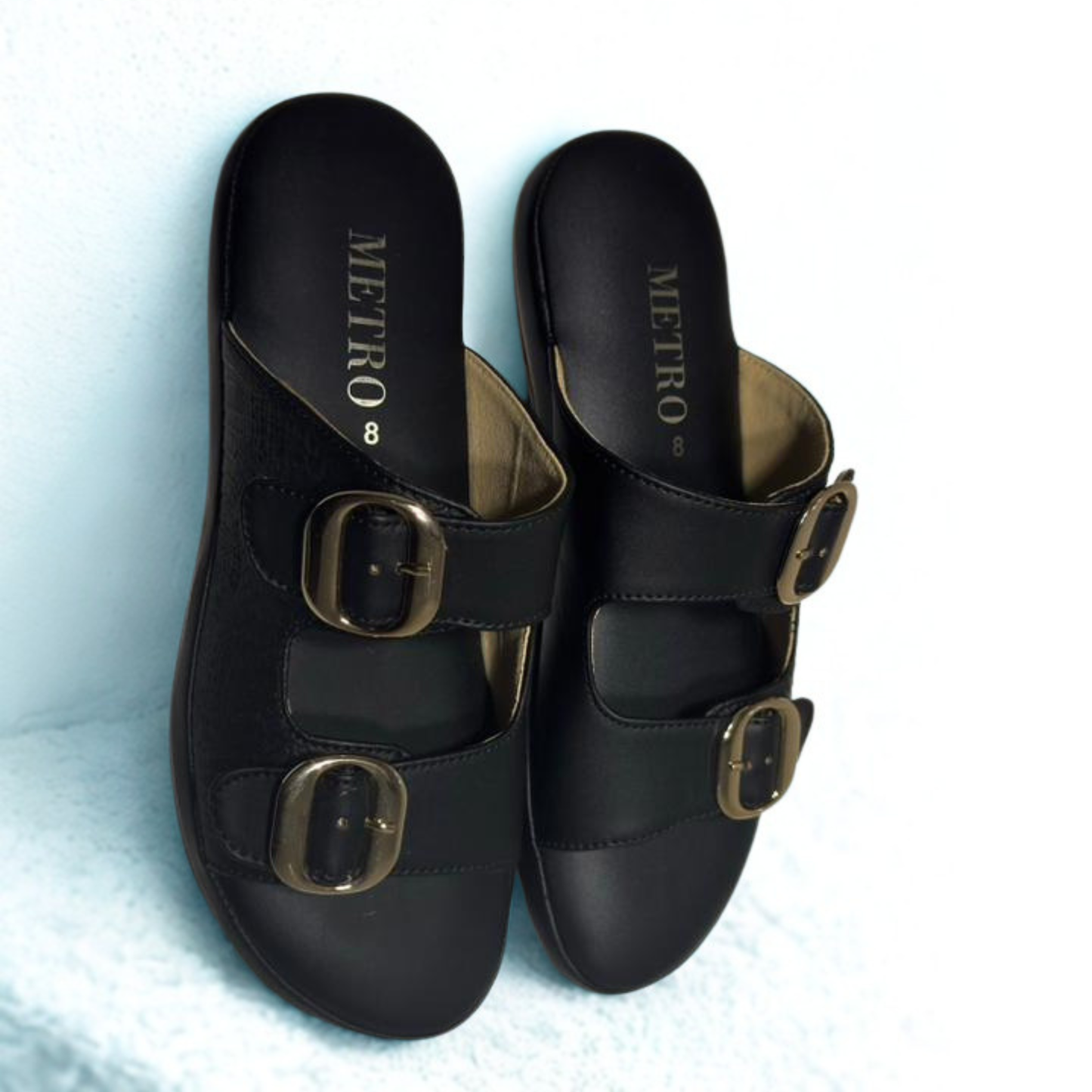Stylish Tan Slip-On Sandals with Gold Buckles – Comfortable Summer Footwear for Women
