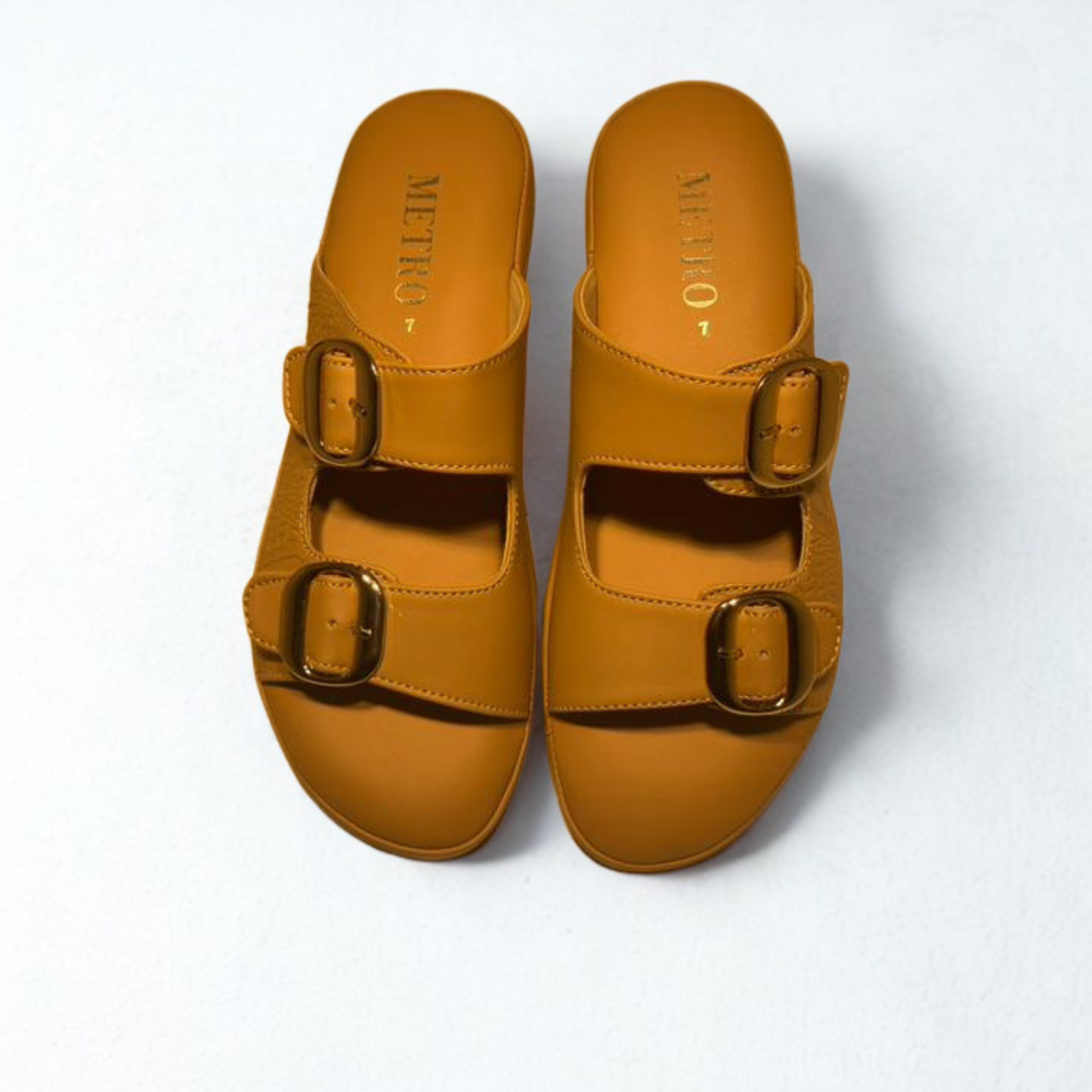 Stylish Tan Slip-On Sandals with Gold Buckles – Comfortable Summer Footwear for Women