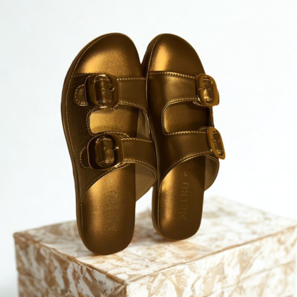 Stylish Tan Slip-On Sandals with Gold Buckles – Comfortable Summer Footwear for Women