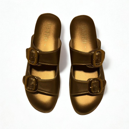 Stylish Tan Slip-On Sandals with Gold Buckles – Comfortable Summer Footwear for Women