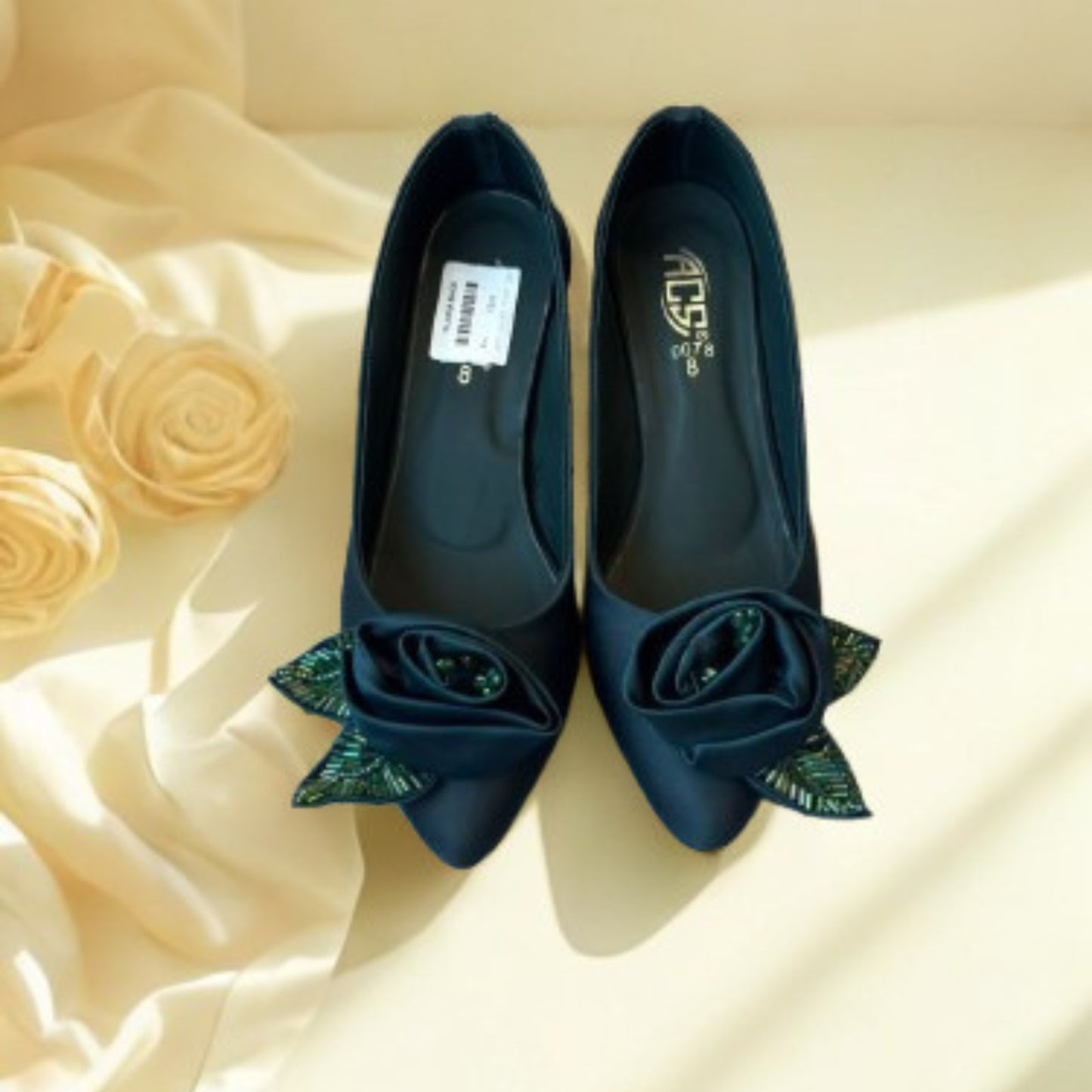 Elegant Navy Blue Satin Wedding Shoes with Floral Bow – Bridal & Evening Wear