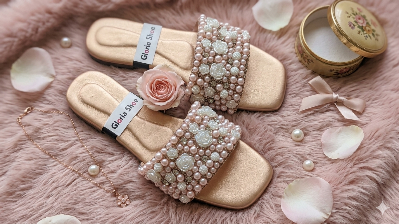 Black Pearl Embellished Slip-On Sandals – Elegant Beaded Flat Mules for Women