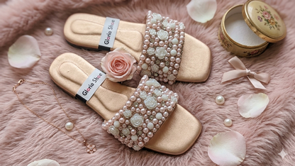 Black Pearl Embellished Slip-On Sandals – Elegant Beaded Flat Mules for Women